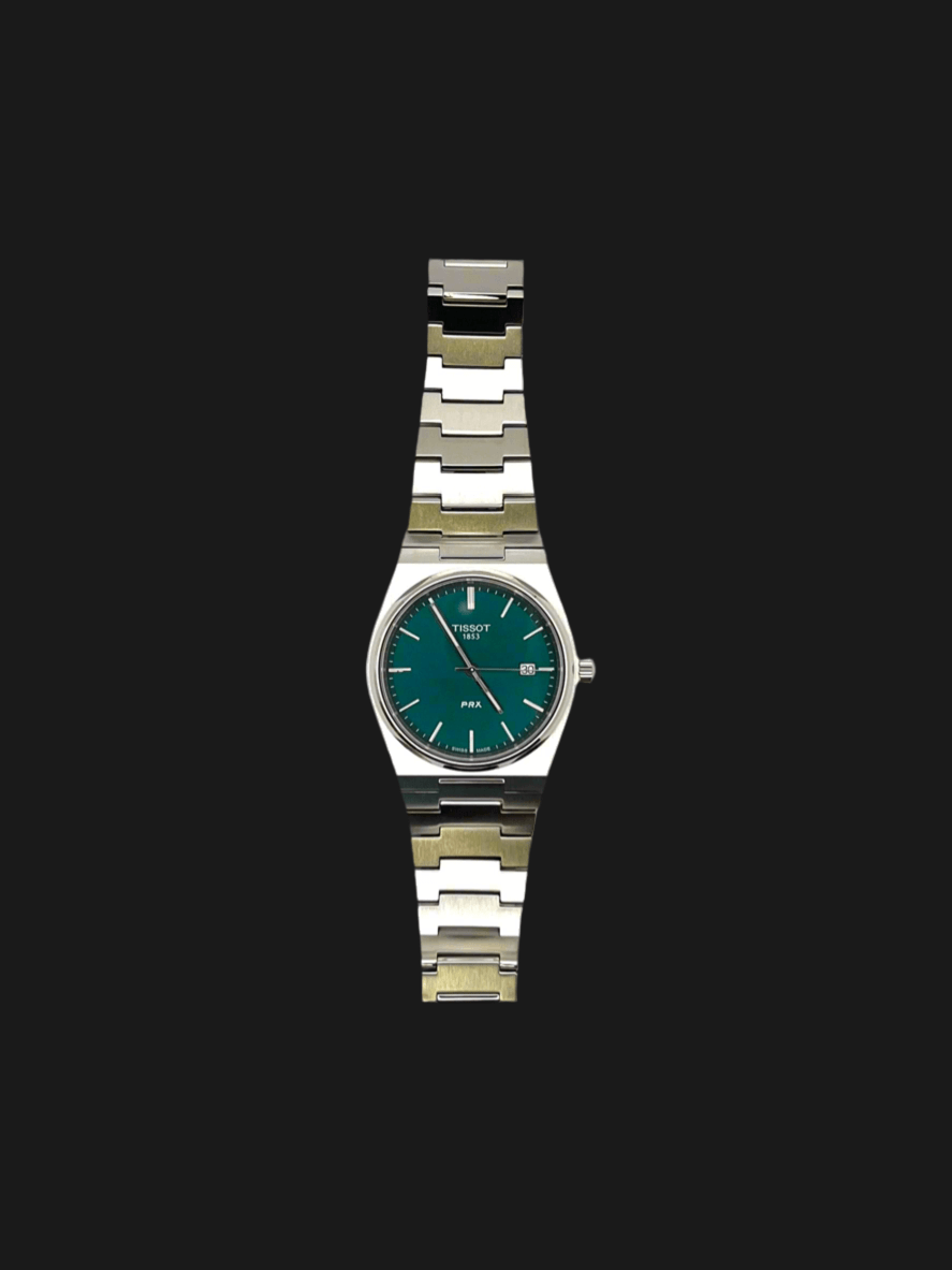 Tissot PRX Quartz T137.410.11.091.00 40mm stainless steel men’s watch with green dial, date display, sapphire crystal, and 100m water resistance