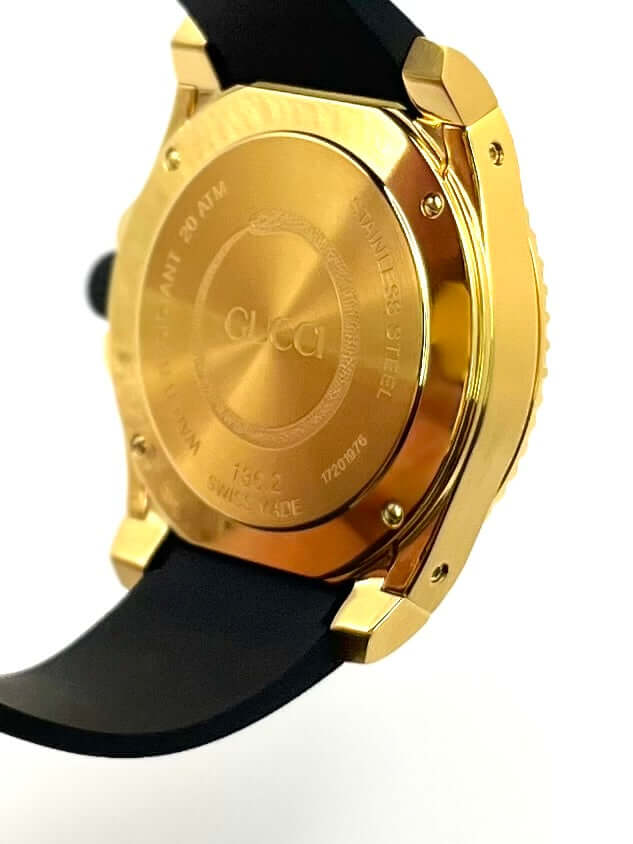 Gucci Dive YA136219 men’s 45mm gold PVD stainless steel watch with black rubber strap, ceramic bezel, black dial, sapphire crystal, Swiss quartz, 200m water resistant