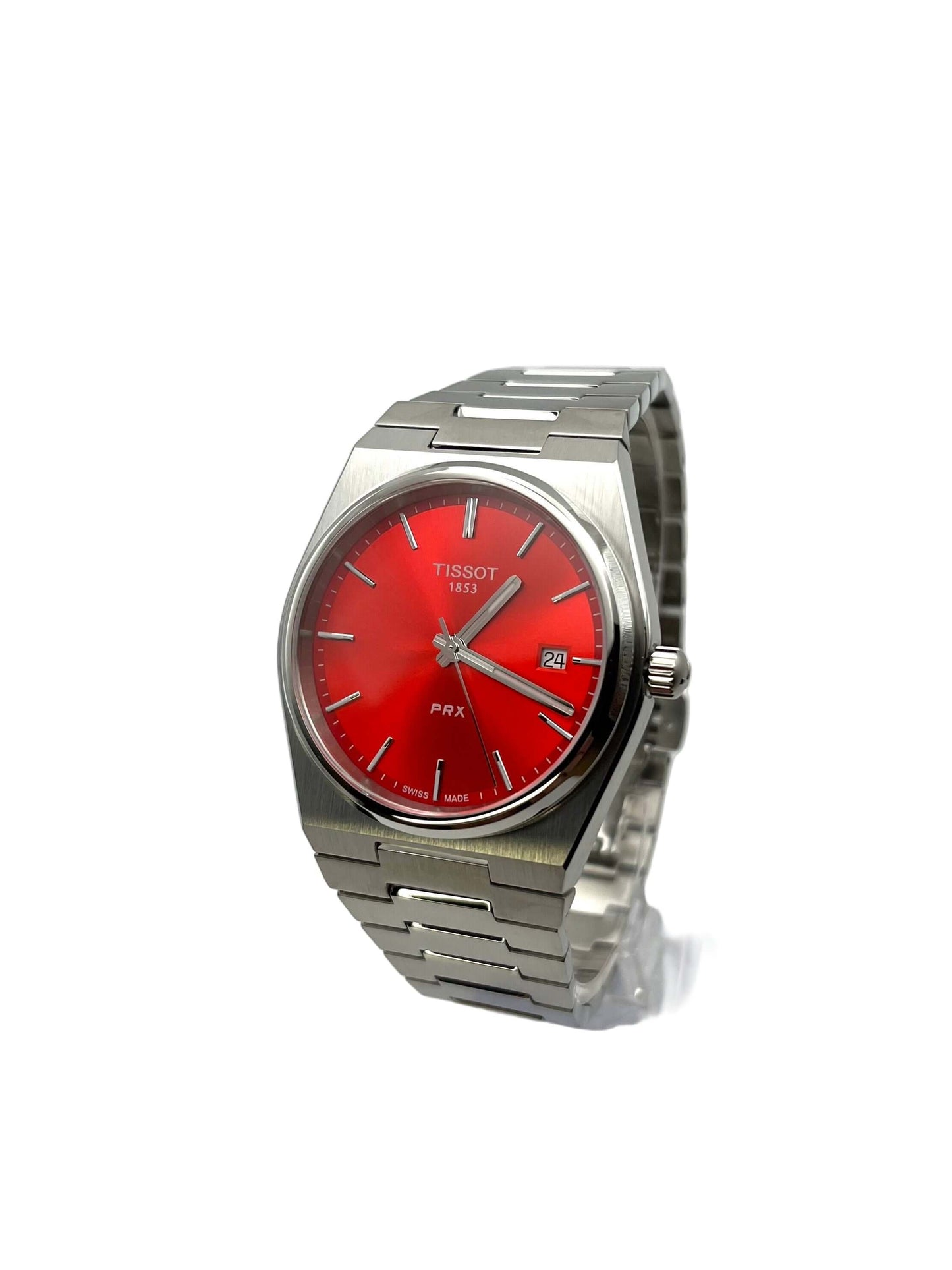 Tissot PRX Quartz T137.410.11.421.00 40mm stainless steel men’s watch with red dial, date display, sapphire crystal, and 100m water resistance