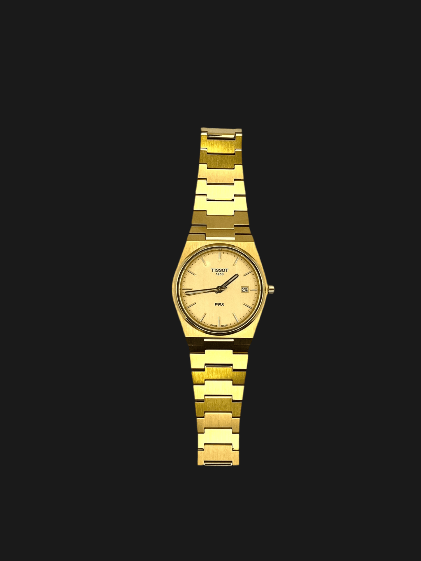 Tissot PRX Quartz T137.410.33.021.00 40mm stainless steel men’s watch with gold dial, date display, sapphire crystal, and 100m water resistance