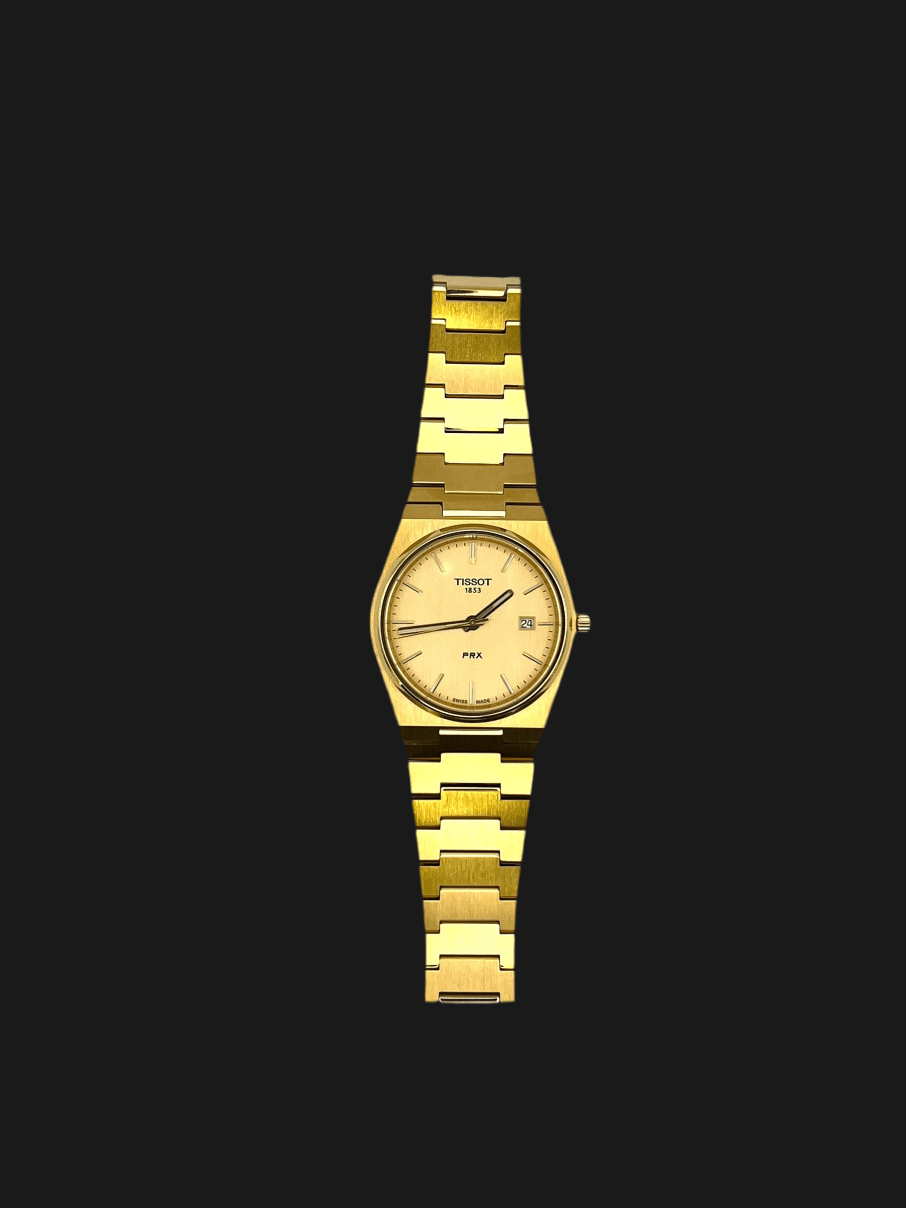 Tissot PRX Quartz T137.410.33.021.00 40mm stainless steel men’s watch with gold dial, date display, sapphire crystal, and 100m water resistance