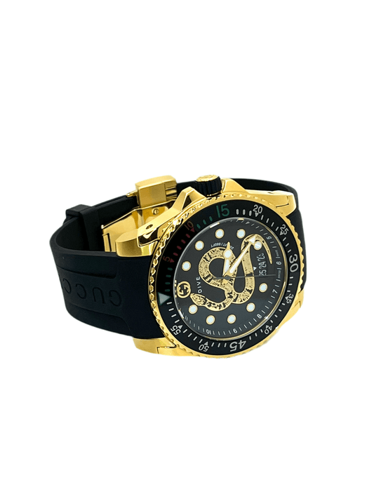Gucci Dive YA136219 men’s 45mm gold PVD stainless steel watch with black rubber strap, ceramic bezel, black dial, sapphire crystal, Swiss quartz, 200m water resistant