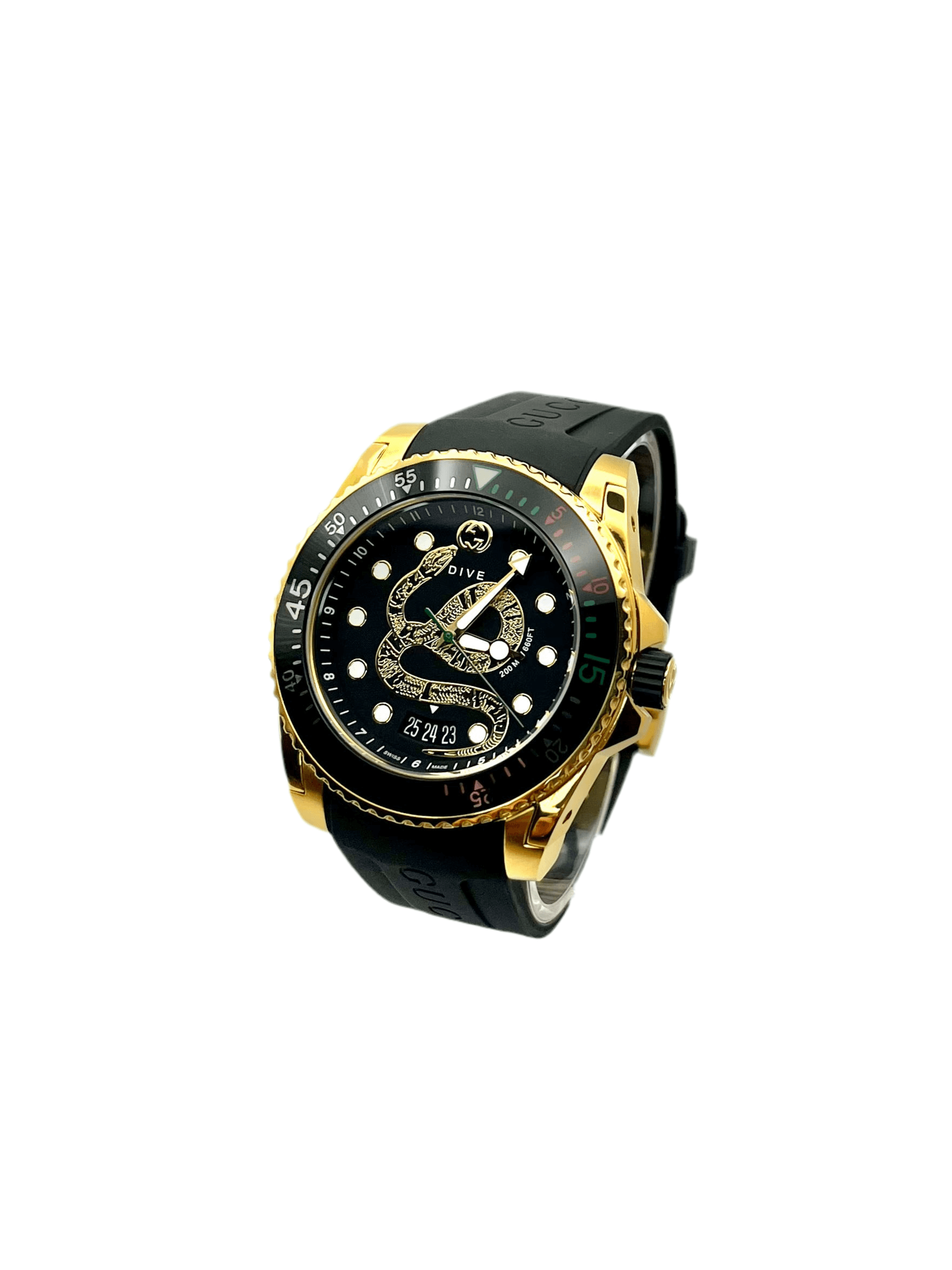 Gucci Dive YA136219 men’s 45mm gold PVD stainless steel watch with black rubber strap, ceramic bezel, black dial, sapphire crystal, Swiss quartz, 200m water resistant