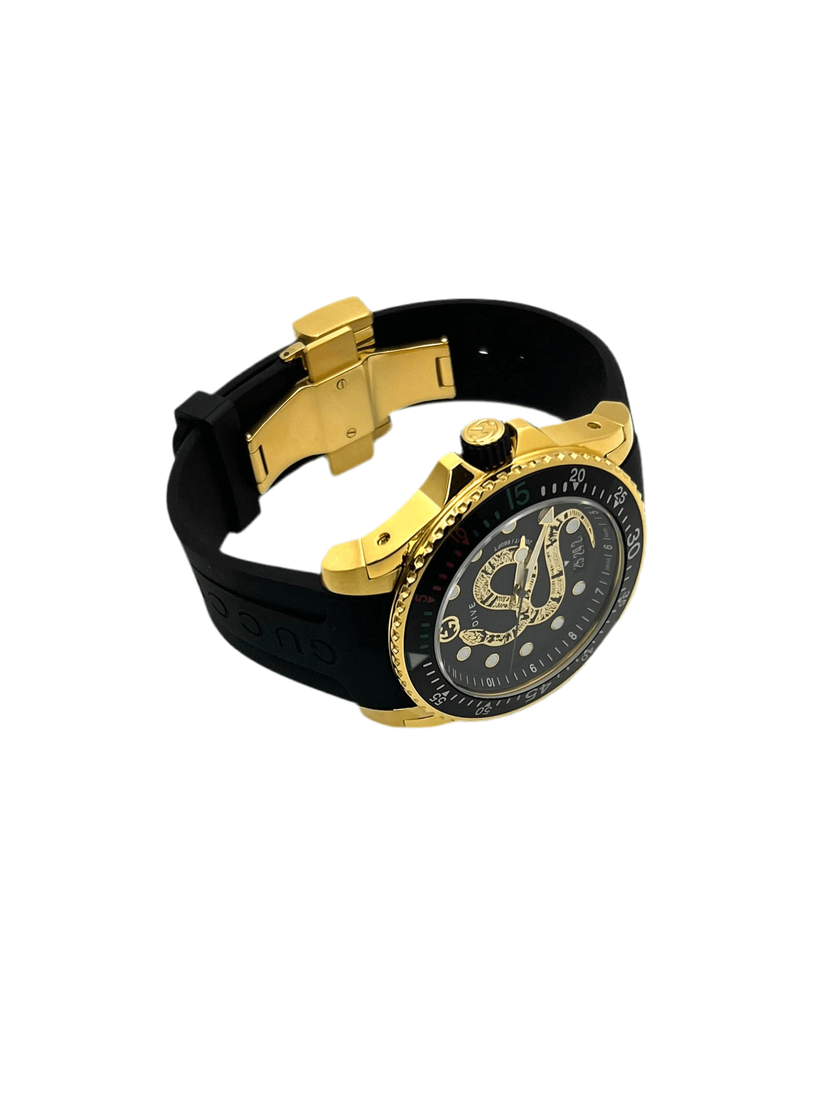 Gucci Dive YA136219 men’s 45mm gold PVD stainless steel watch with black rubber strap, ceramic bezel, black dial, sapphire crystal, Swiss quartz, 200m water resistant