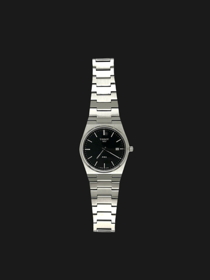 Tissot PRX Quartz T137.410.11.051.00 men’s 40mm stainless steel watch with black dial, date display, sapphire crystal, and 100m water resistance