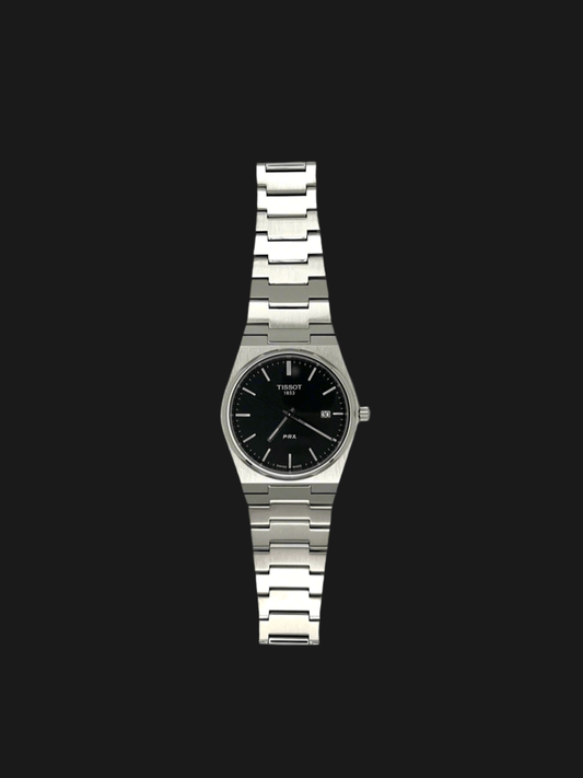 Tissot PRX Quartz T137.410.11.051.00 men’s 40mm stainless steel watch with black dial, date display, sapphire crystal, and 100m water resistance