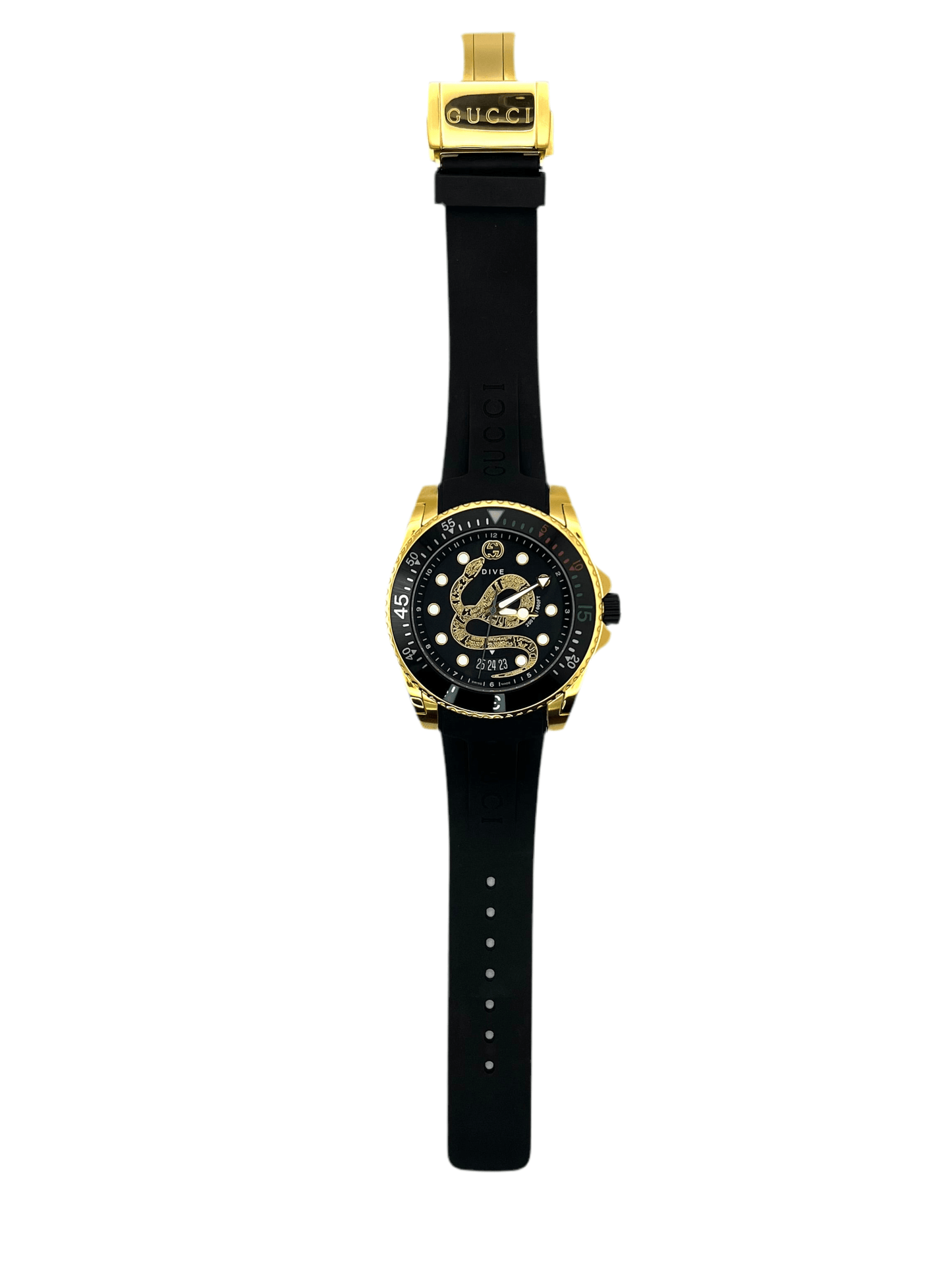 Gucci Dive YA136219 men’s 45mm gold PVD stainless steel watch with black rubber strap, ceramic bezel, black dial, sapphire crystal, Swiss quartz, 200m water resistant