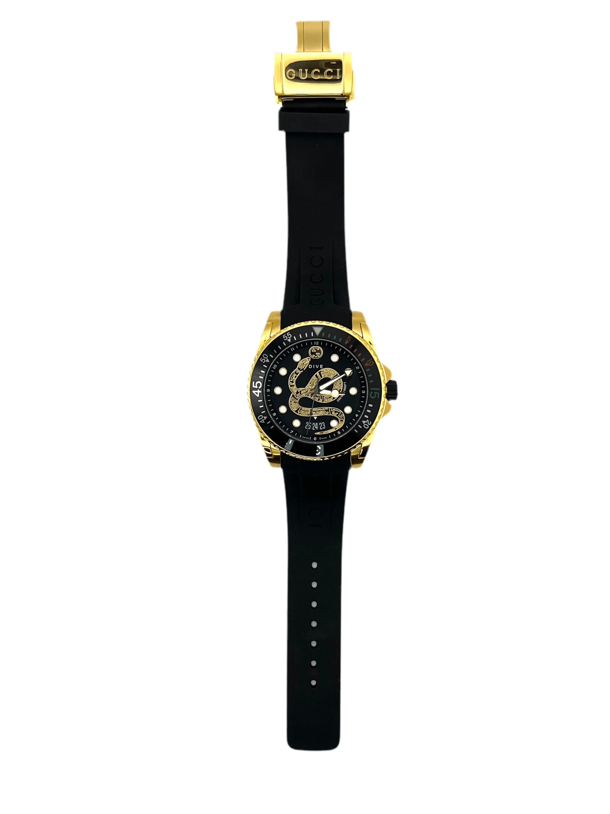Gucci Dive YA136219 men’s 45mm gold PVD stainless steel watch with black rubber strap, ceramic bezel, black dial, sapphire crystal, Swiss quartz, 200m water resistant